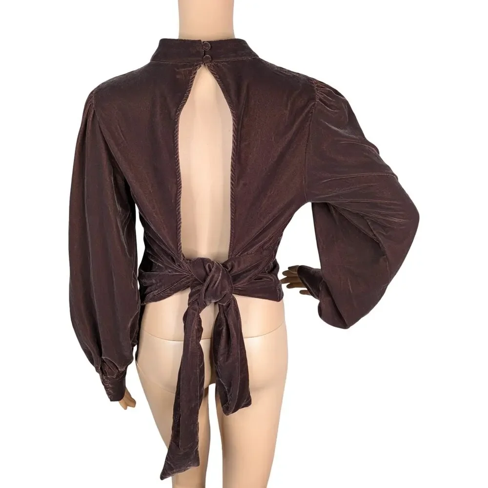 NWT Banana Republic Velvet Open Back Top M Roasted Cocoa Brown Puff Sleeve Mock